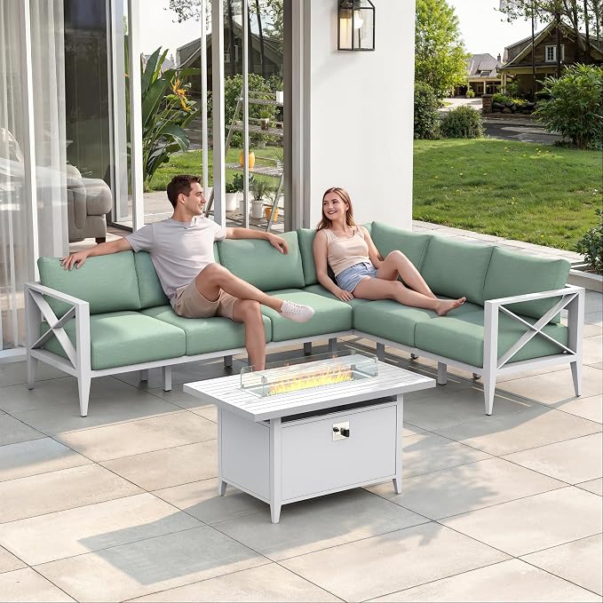 Outdoor Sectional Sofa Set with Fire Pit Table 6 Seat Patio Conversation Set Aluminum Patio Furniture for Backyard Deck Garden