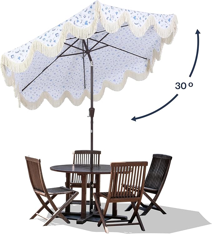 JONATHAN Y UMB1001 Collins 9 ft. Classic Cottage Tassel Market Patio Umbrella with Auto-Tilt, Crank, Wind Vent and UV Protection