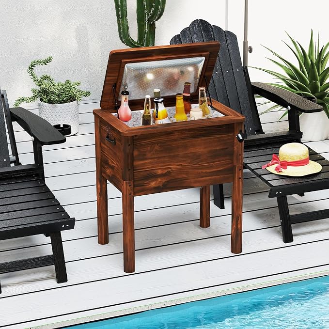 Giantex Wooden Patio Cooler, 54 Quart Outdoor Beverage Cooler Table with 3-Layer Insulation, Built-in Bottle Opener & Drainage Cap, Retro Rustic Pine Wood Ice Chest for Backyard, Poolside, Deck, Party
