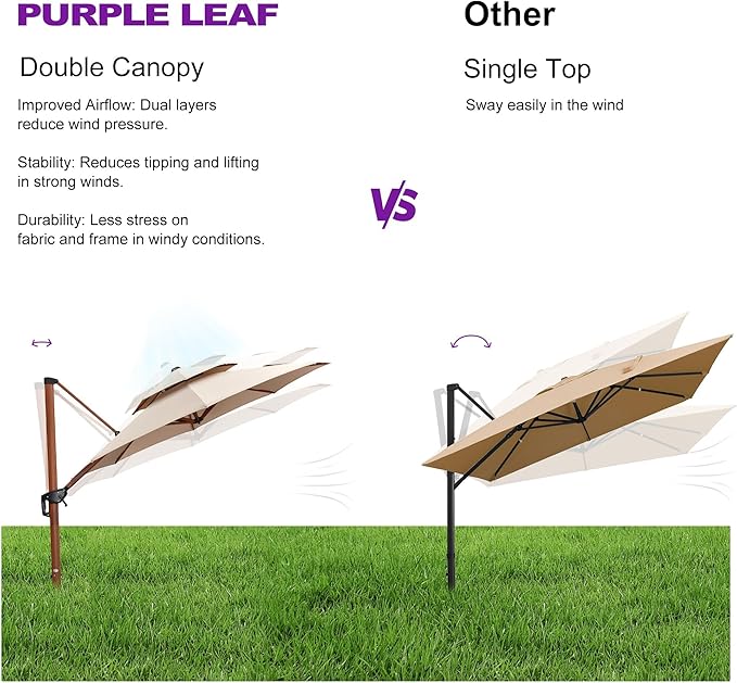 PURPLE LEAF Cantilever Umbrella with Base Outdoor Round Umbrellas Large Cantilever Umbrella Windproof Offset Heavy Duty Sun Umbrellas for Garden Deck Pool Patio, 13ft Beige