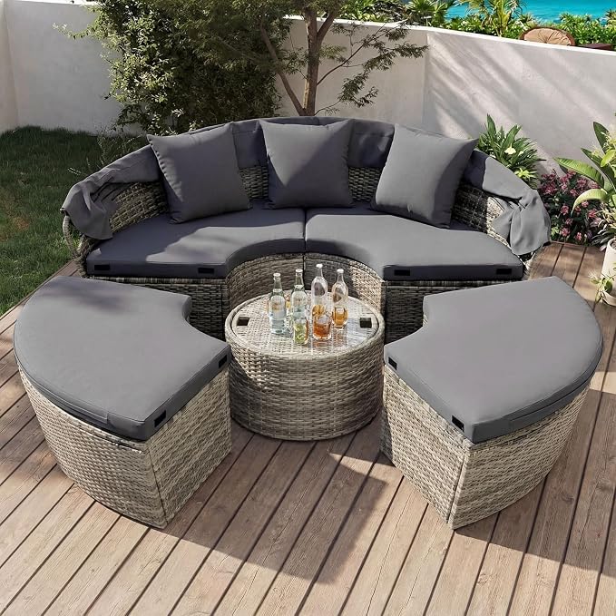 RELAX4LIFE Round Outdoor Daybed with Canopy, Rattan Wicker Sectional Sofa Set w/Cushions, Height Adjustable Table, Conversation Bed Lounger Separated Seating for Outside Pool, Patio Daybed (Grey)