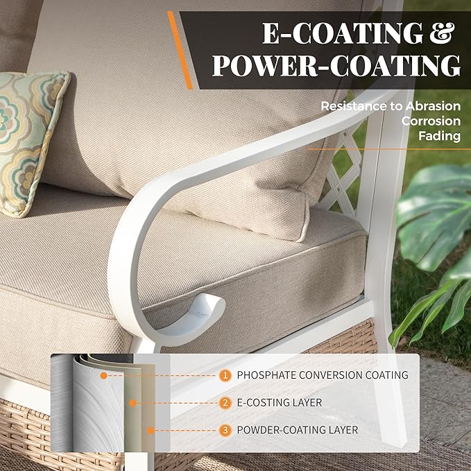 6 Piece Patio Furniture Set, 4 x Fixed Chair, 1 x 3-Seat Sofa with Marbling Coffee Table, All Cushioned 7 Seats Outdoor Conversation Set for Lawn Garden Backyard, Beige