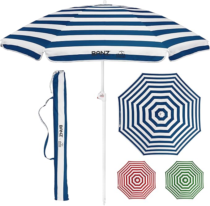 BANZ Cabana Beach Umbrella UPF 50 - UV Protection Foil-Lined Portable Outdoor Umbrella for Sand with Screw-in Base & Tilt Pole - Lightweight Beach Shade & Patio Umbrella with Bag