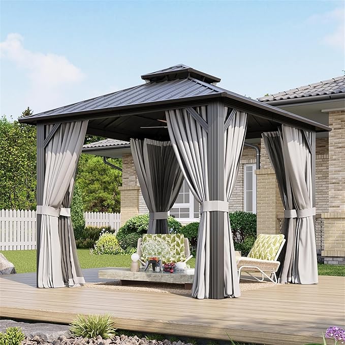 Aoxun 10’x10’ Hardtop Gazebo, Permanent Metal Pavilion with Galvanized Steel Double Roof, Outdoor Pergola with Nettings and Curtains for Lawn, Garden, Patio (Gray)