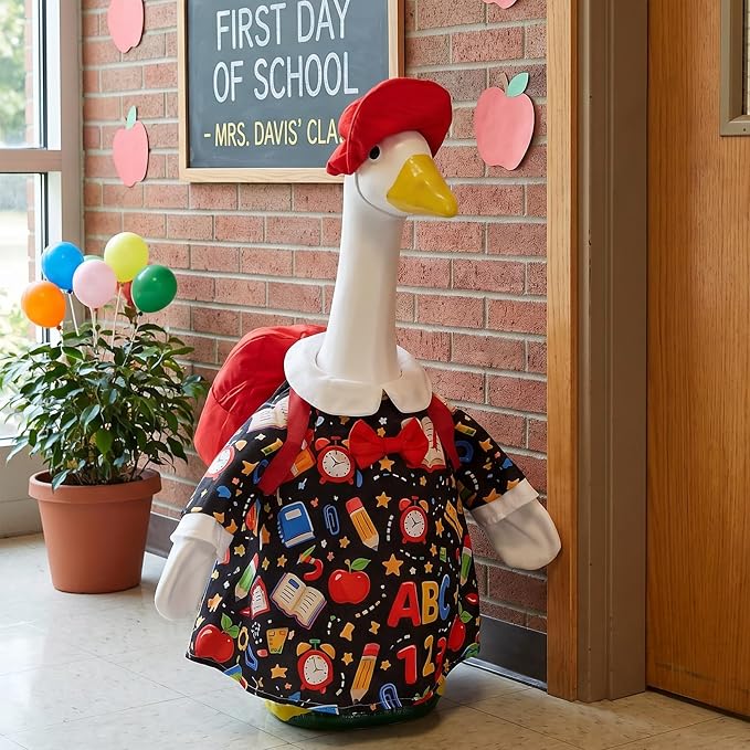 1 Set Back to School Porch Goose Outfit for 23 Inch Lawn Goose Statue | School-Themed Goose Clothes Set Includes 1 Outfit, 1 Hat and 1 Backpack for Patio, Yard, Classroom or Garden Decor