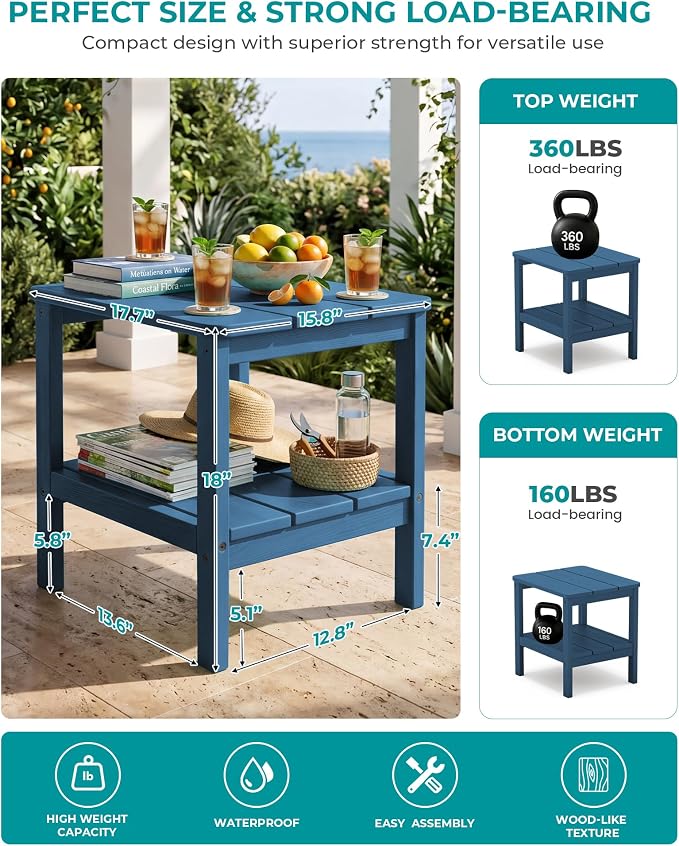 SERWALL 2-Tier HDPE Outdoor Side Table, Weatherproof Rectangular Adirondack Side Table, Blue