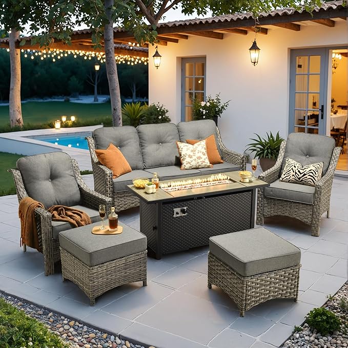 HOOOWOOO Patio Furniture Set,6 Pieces Wicker Outdoor Furniture,High Back Conversation Set with All Weather Resistant Fire Pit Table Couch Chairs Ottomans,Dark Gray