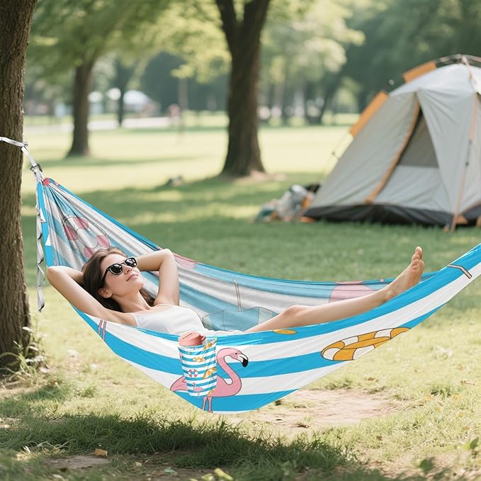 Blue White Striped Summer Flamingo 330lb Capacity Outdoor Hammock with Tree Straps Fabric Hammock for Outside Patio Garden jamaca para Patio
