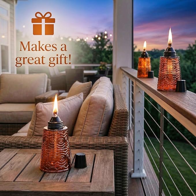 Seraphic Citronella Table Top Torches for Outdoor Patio, 16oz Decorative Glass Torch Citronella Candles for Outside Deck, Garden, Parties, Set of 3, Amber