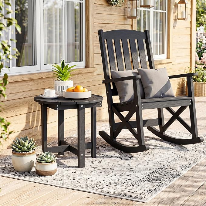 Tangkula Round Outdoor Side Table, Adirondack Side Table with Weather-Resistant, Waterproof Top, Small Outside End Table for Patio Deck Pool Porch, Easy Maintenance (Black,1)