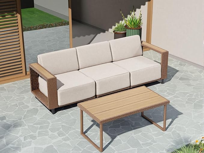 MOCHITO 4 Pieces Outdoor Patio Furniture Sets, All-Weather Sectional Sofa PE Rattan Wicker Conversation Set, Outdoor Patio sectional for Poolside, Porch, Lawn, Garden, Balcony(Beige)