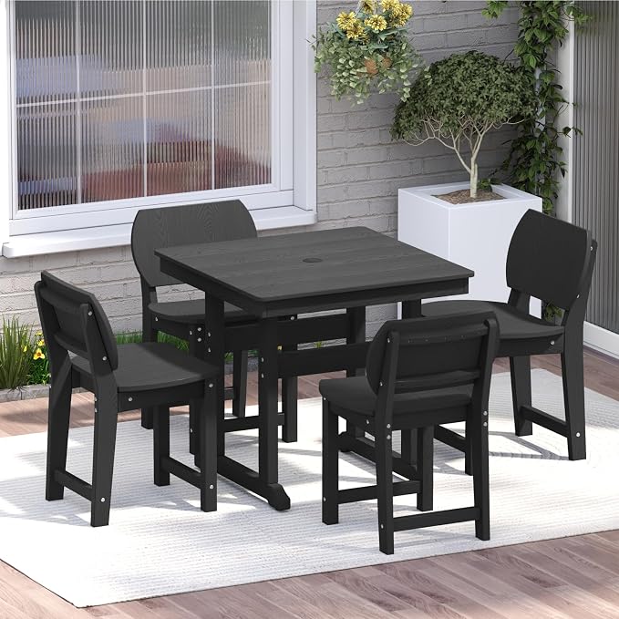 5-Piece HDPE Outdoor Dining Set, Weatherproof Patio Table and Chairs Set for 4, Includes 1 Square Table and 6 Armless Chairs, with Umbrella Hole (Black)