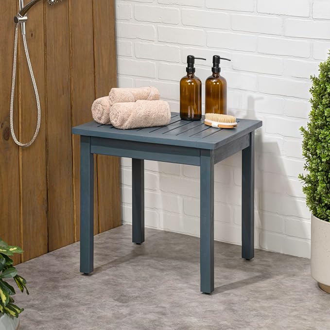 JONATHAN Y Archer 18" Square Acacia Wood Outdoor Side Table, Modern Glossy Nautical Blue Slatted Patio End Table for Porch, Poolside and Garden, Weather Resistant Accent Table END6000N