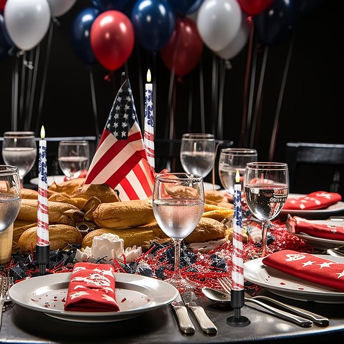 Flameless Patriotic Candles, 9.6" Real Wax 4th of July Led Candles with Remote, 3 Pack Flickering Independence Day Flameless candlesticks for Table, Home, Party Decor