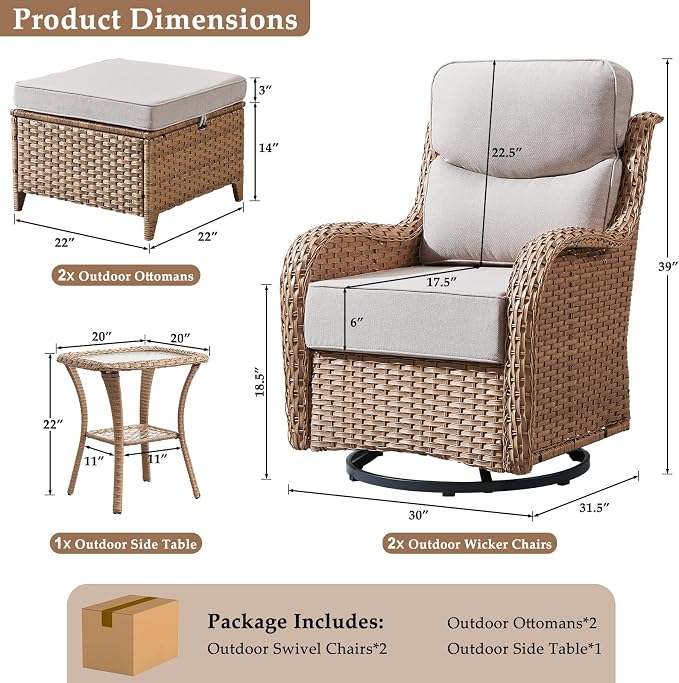 Luxury Outdoor Swivel Rocker Patio Chairs Set of 5, High Back Swivel Patio Chairs with Side Table 6-Inch Thick Cushions Ottomans, Wicker Outdoor Bistro Set for Porch, Yard, Deck, Yellow/Beige