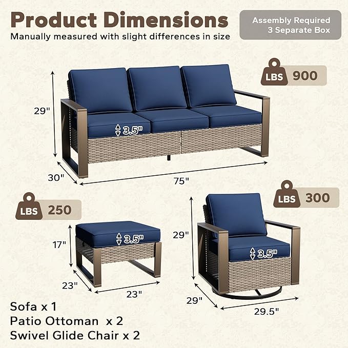 5 Pieces Metal Wicker Patio Furniture Set with 75" Sofa, Two Swivel Chairs and Two Ottomans, All Weather Rattan Outdoor Conversation Furniture with Washable Cushions for Porch, Dark Blue