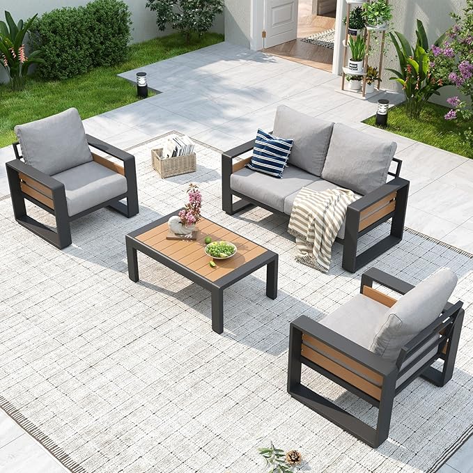 Aoxun Aluminum Patio Furniture Set, 4 Piece Luxury Outdoor Sectional with 6" Olefin Fabric Cushions, Patio Conversation Sets with Coffee Table and Waterproof Cover for Backyard, Porch Light Grey