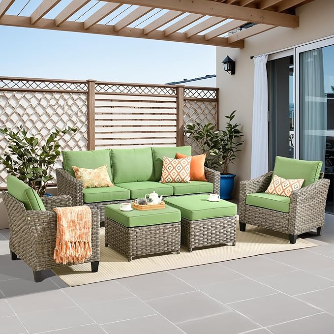 5 PCS Outdoor Patio Furniture Set, All-Weather Rattan Wicker Conversation Group with Deep Seating, High Back Comfort for Porch, Backyard, Green