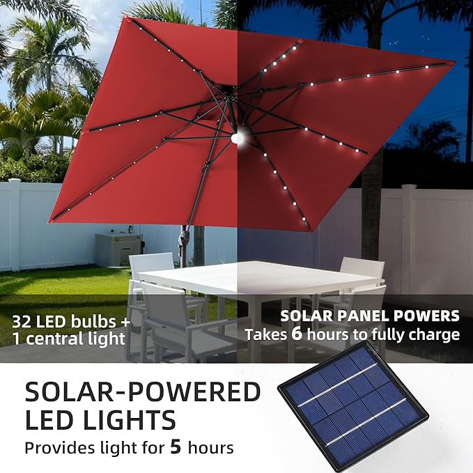 JZAC & QZYD 9x9 FT Outdoor Cantilever Patio Umbrella with Base Included and Solar LED Lights, Large Heavy Duty 2-Tier Square Aluminum Offset Umbrellas with 360-Degree Rotation for Pool Deck, Red