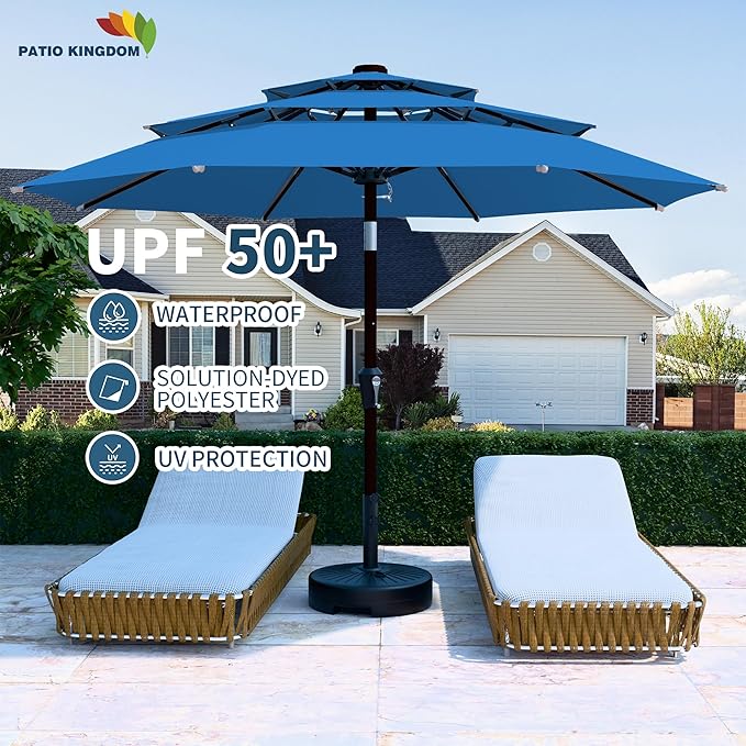 PatioKingdom 9ft 3-Tier Patio Market Umbrella with Crank/Tilt, Commercial Heavy Duty Wind Proof,Outdoor Table Umbrella with 8 Fiberglass Ribs,UPF50+ for Deck,Pool,Garden,Backyard (Royal Blue)