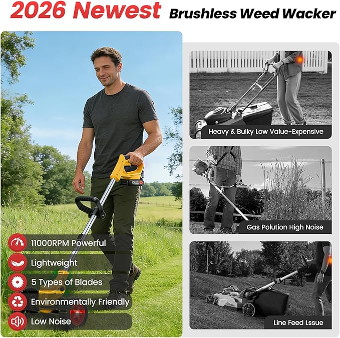 ALSO GO 24V Cordless Weed Wacker String Trimmer with Wheel, Electric Weed Eater with 2 * 4.0Ah Lithium Batteries & Fast Charger, 5-in-1 Battery Powered Weed Trimmer for Lawn Yard Garden Landscaping