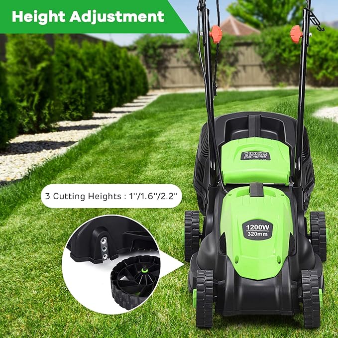 IRONMAX Electric Lawn Mower, 12.5 Amp 1200W Corded Push Mower with 3 Cutting Heights, 30L Grass Collection Bag, Folding Handle, 13" Walk-Behind Lawn Mowers for Yard Garden Farm (Green)