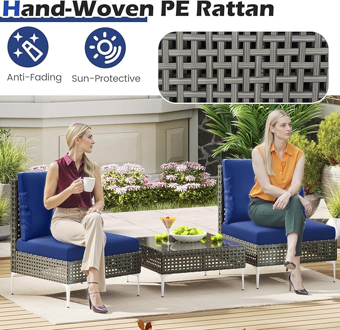 Tangkula 3 Pieces Patio Furniture Set, PE Rattan Conversation Chairs with Tempered Glass Coffee Table, Soft Back & Seat Cushions, Heavy Duty Metal Frame, Outdoor Bistro Set for Garden & Pool