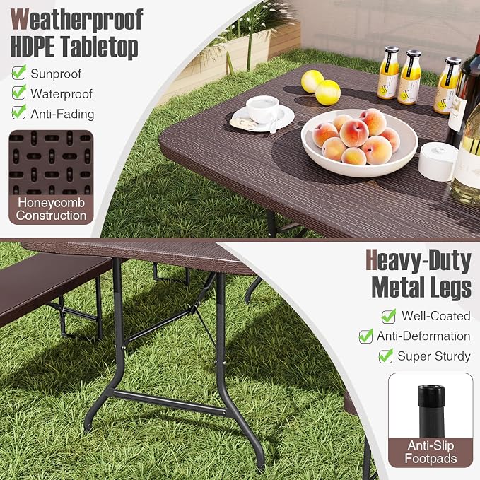 Goplus 6 FT 3-Piece Portable Picnic Table Bench Set, HDPE Wood-Like Plastic Folding Picnic Tables with Benches, Foldable Patio Camping Beer Table, Indoor & Outdoor Folding Table and Chairs