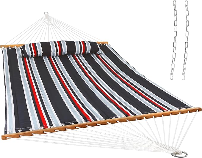 Sunnydaze Quilted Double Hammock for Outside with Spreader Bars and Pillow - 450 lb Capacity, 74x55 Inch Bed, UV Resistant, Quick Dry - Chains Included, Stand Sold Separately - Nautical Stripe
