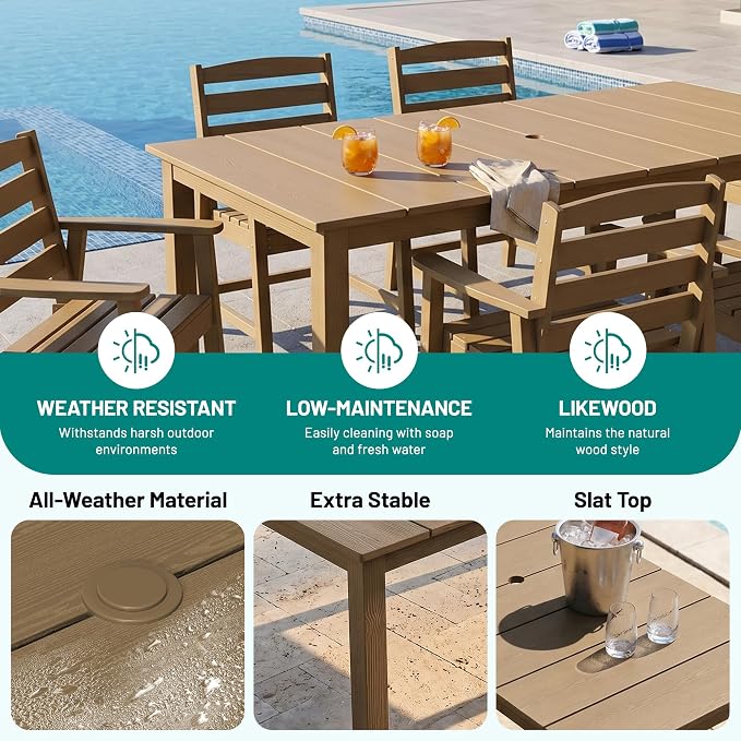 PLUUV 7-Piece Outdoor Patio Dining Set, All-Weather HDPE Dining Furniture Set with Umbrella Hole Cut-Out Table, Aluminum Table Legs, and 6 Chairs, Waterproof & Easy Clean for Backyard, Garden, Brown