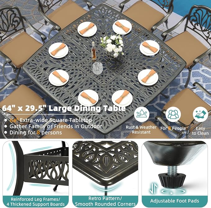 MEETWARM 9-Piece Outdoor Patio Dining Set for 8, All Weather Cast Aluminum Patio Funiture Table and Chairs Set- Large 64" Square Table and 4 Swivel Rocker Chairs, 4 Stationary, Umbrella Hole, Khaki