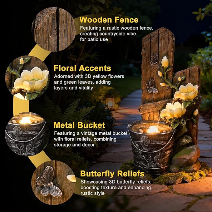 30.7" H 3-Tier Rustic Water Fountain Outdoor with Lights, Faux Iron Bucket & Wooden Stripe Cascading Waterfall Feature with Flowers & Butterfly for Garden, Patio, Backyard, Porch, Yard Decor