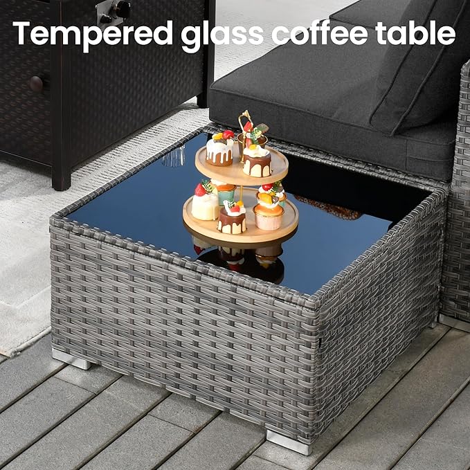 7 PCS Outdoor Patio Furniture Sets,Wicker Weather Resistant Patio Conversation Set with Comfy Cushions,Modular L Shaped Sofa with Coffee Table for Yard Backyard Porch Garden Poolside,Black