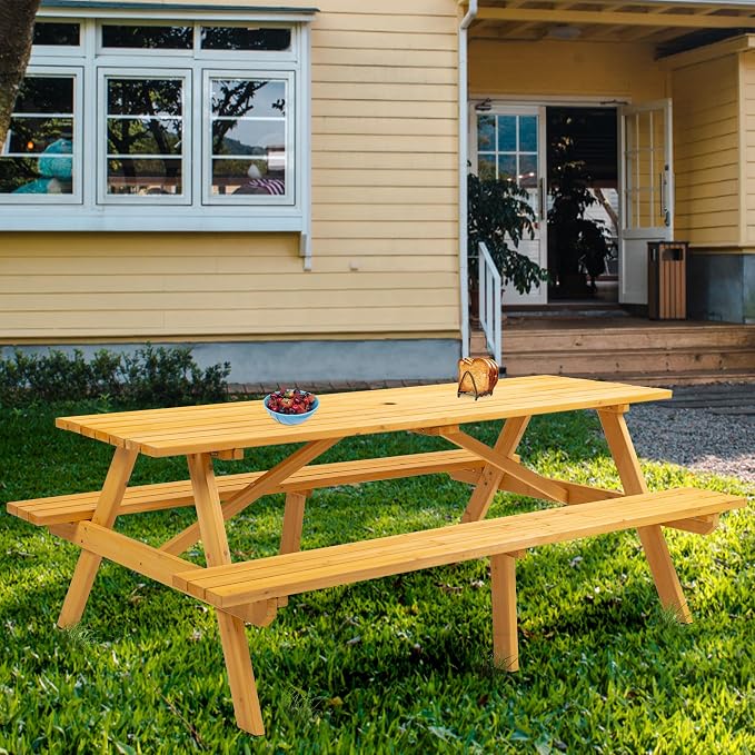 Hohuqeri Picnic Table Bench Set for 8 Persons, 6FT Large Camping Table, Wood Outdoor Dining Beer Table Set with 2” Umbrella Hole for Patio Lawn Garden (Yellow)