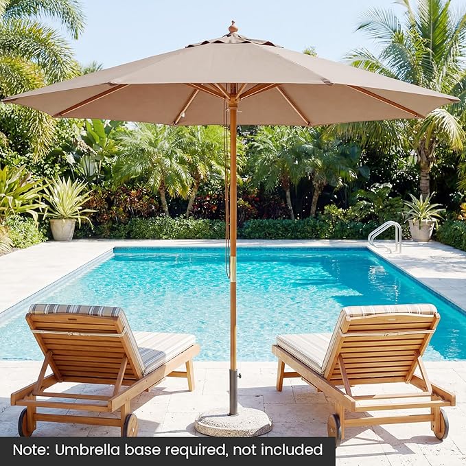 HAPPYGRILL 9 FT Patio Umbrella, Outdoor Table Market Umbrella with 8 Sturdy Bamboo Ribs, Wood Pole, Sun-Protective Double-Tier Canopy, Air Vent, Sunshade Parasol for Garden Deck Backyard Pool (Tan)