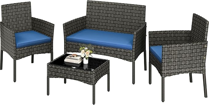 Yaheetech Patio Furniture Set 4 Pieces Conversation Sets, Rattan Chair Wicker Set Loveseat with Soft Cushion and Glass Table for Backyard Porch Garden Poolside Balcony, Gray and Dark Blue