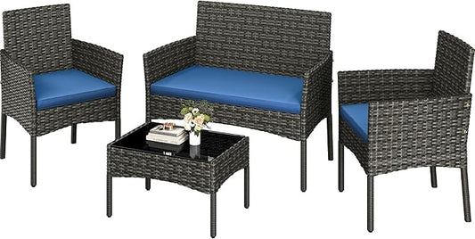 Yaheetech Patio Furniture Set 4 Pieces Conversation Sets, Rattan Chair Wicker Set Loveseat with Soft Cushion and Glass Table for Backyard Porch Garden Poolside Balcony, Gray and Dark Blue