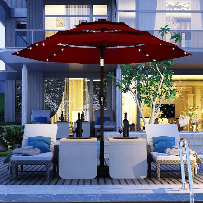 Kingdura 9ft 3-Tier Patio Umbrella with Solar Lights, Table Umbrella Outdoor Patio with Easy Crank & Tilt, 8 Sturdy Ribs, UV Protection, 32 LED Lights for Deck, Poolside, Market (Dark red)
