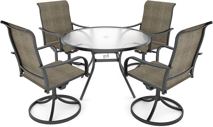 Anmutig 5-Piece Outdoor Patio Dining Set, 40" Round Glass Table with 4 Swivel Rocking Patio Chairs Furniture Set for Kitchen Garden, Backyard, Light Tan