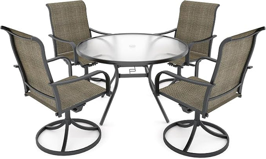 Anmutig 5-Piece Outdoor Patio Dining Set, 40" Round Glass Table with 4 Swivel Rocking Patio Chairs Furniture Set for Kitchen Garden, Backyard, Light Tan