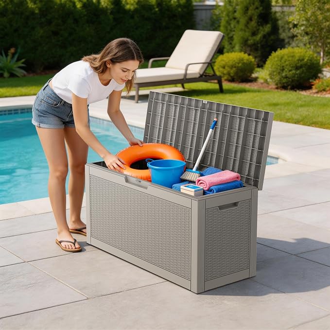Mars Villa 60 Gallon Deck Box, Outdoor Storage Box Waterproof, Outside Resin Storage Bin for Outdoor Patio Furniture Cushion, Pool Supply, Garden Tool, UV-Resistant and Weatherproof, Rattan Greige