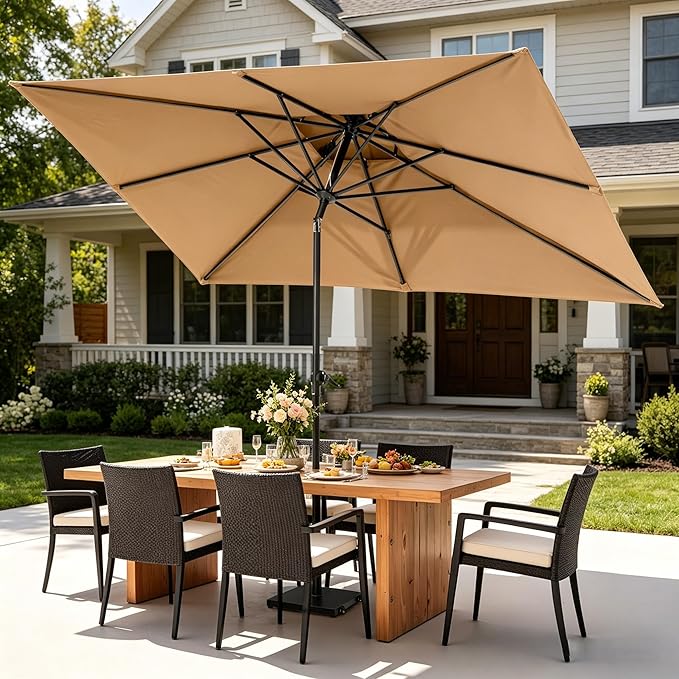 9-10ft Patio Umbrella with Base Included - Outdoor Table Umbrella with 2-Year Fade-Resistant Canopy, 43-lb Heavy-Duty Concrete Umbrella Stand with Wheel for Deck, Porch & Backyard