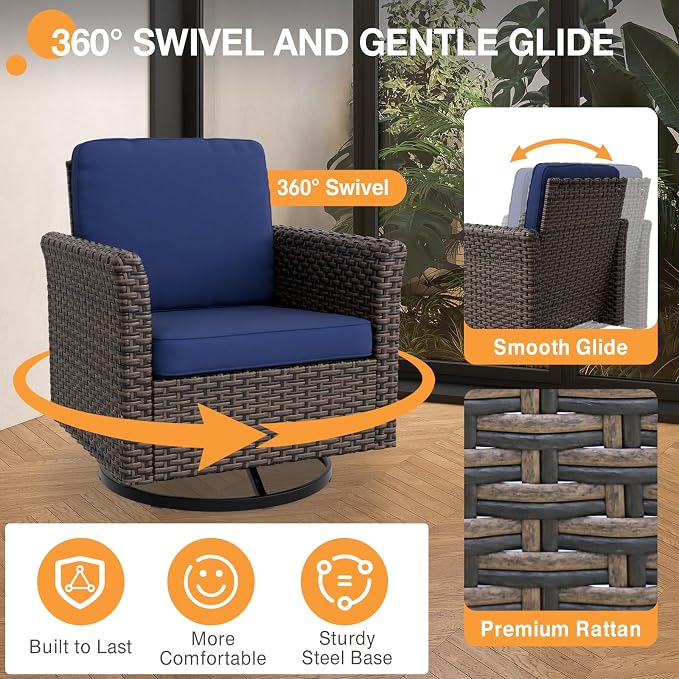 COOS BAY Harbor Retreat 8 Piece Outdoor Furniture Set, Patio Conversation Set with Swivel Rocking Chairs, Patio Chairs, Couch, Side Table and Ottomans, Wicker Furniture, Brown/Blue
