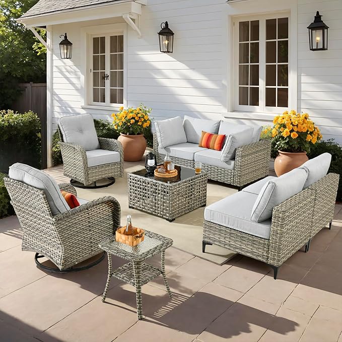 Outdoor Patio Furniture Sets, 8 PCS Patio Conversation Set Outside Rattan Sectional Sofa with Wicker Rocking Chairs Coffee Table Soft Cushion Fit Backyard Porch Garden Poolside Balcony