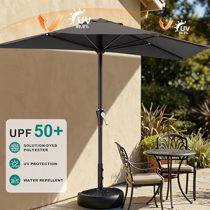 AreShark 9FT Half Patio Umbrella, Outdoor Wall Umbrella with Crank & 5 Sturdy Ribs, Table 1/2 Umbrella Patio for Garden, Deck, Balcony and Pool, Gray