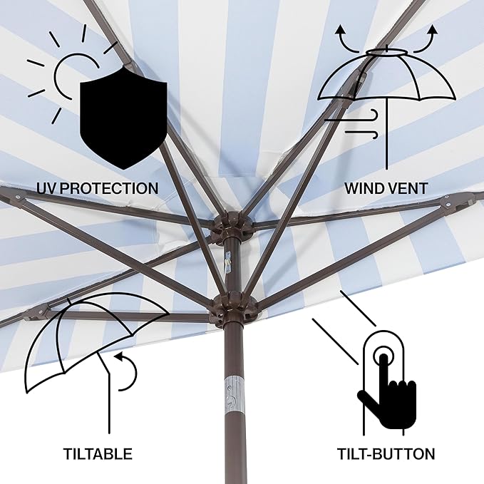 JONATHAN Y Beverly 9 ft. Coastal Light Blue and White Striped Half Patio Umbrella with Scalloped Fringe, Crank Lift, and Manual Tilt for Balcony, Dark Brown Pole UMB1201C