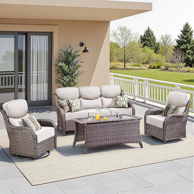 Luxury 4 Pieces Patio Furniture Set-Outdoor Swivel Rocker Patio Chairs with 6" Extra Thick Cushions, High Back Outdoor Couch and Coffee Table, Wicker Conversation Sets for Porch Deck(Brown/Beige)