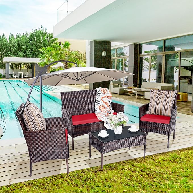 Patio Furniture Set, Outdoor Furniture Set 4 Pieces Patio Conversation Set PE Rattan Chair with Cushion Tempered Glass Table Garden Balcony Sets for Yard Pool Backyard Brown/Red