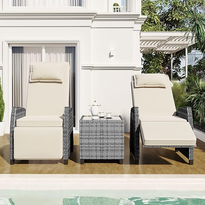 Merax Patio Conversation Set, Outdoor Rattan Chairs Set, Two-Person Combination with Coffee Table, Adjustable Chair, Suitable for Courtyard/Swimming Pool/Balcony, Beige