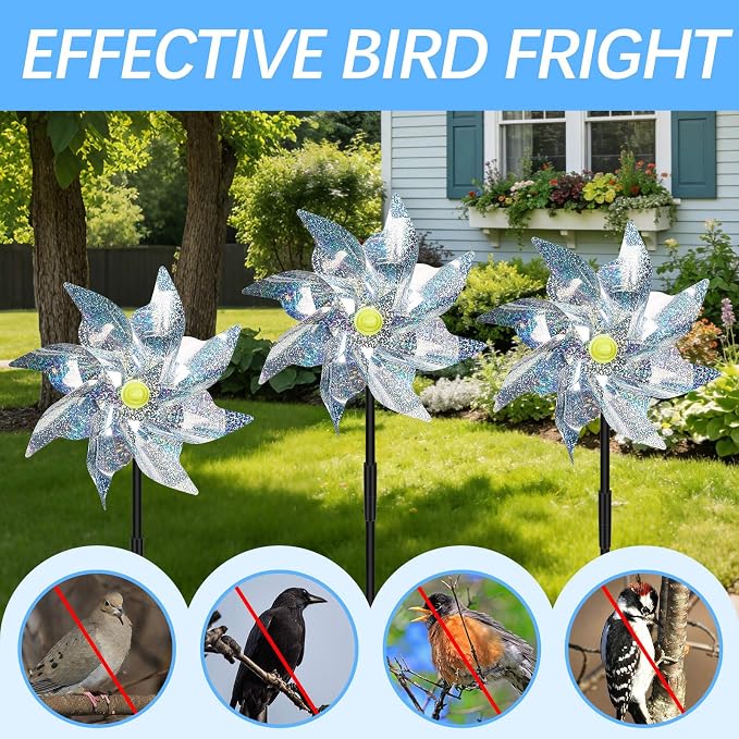 18 Pack Reflective Pinwheels for Yard and Garden,Scare Birds Away for Garden Decor,Bird Scare Devices Deterrent to Scare Birds,Keep Birds Away (Assembly Required)